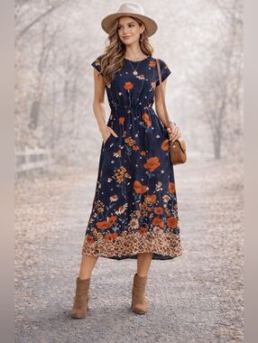 Emery Rose Floral Midi Dress Medium Navy Orange Cap Sleeve Elastic Waist Pockets